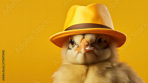 A creative image of a chicken in a yellow hat on a yellow background.