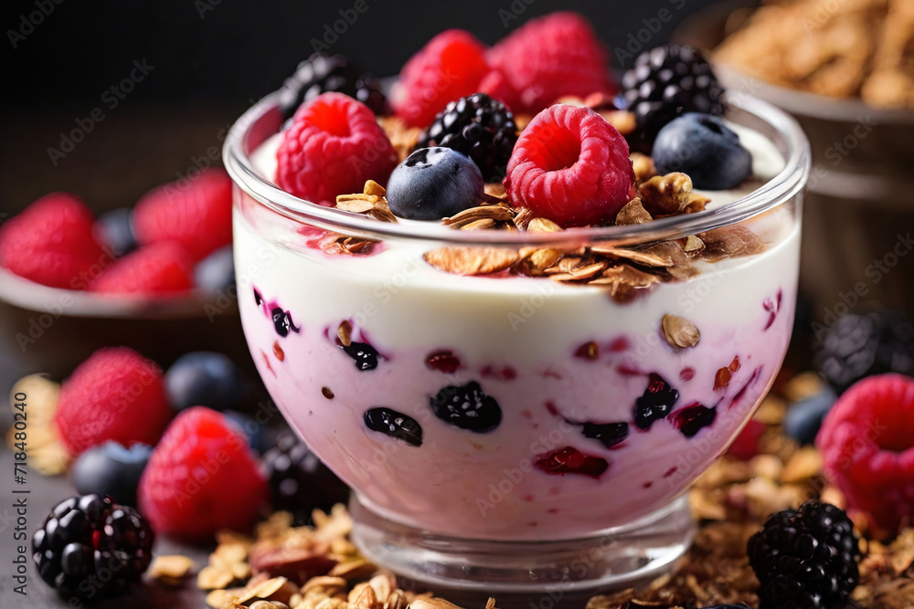 Start your day right with a healthy breakfast. yogurt topped with granola and fresh berries. A delicious and nutritious morning delight.
Start your day right with a healthy breakfast. yogurt topped with granola and fresh berries. A delicious and nutritious morning delight.