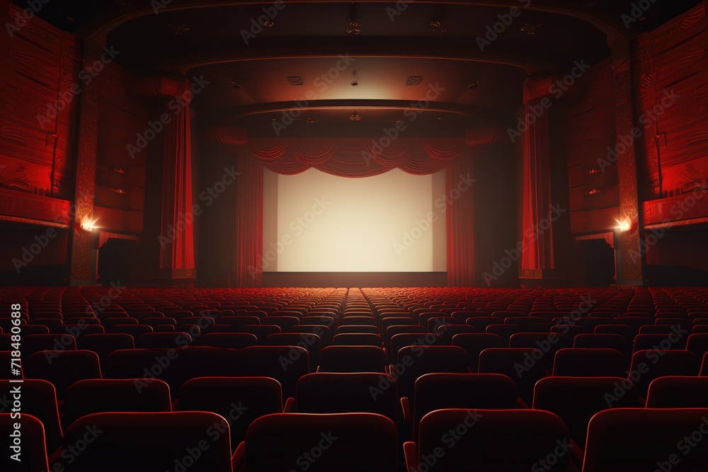 Front view on empty scene with red curtains, rows of seats and lights on top. 3D rendering Generative AI