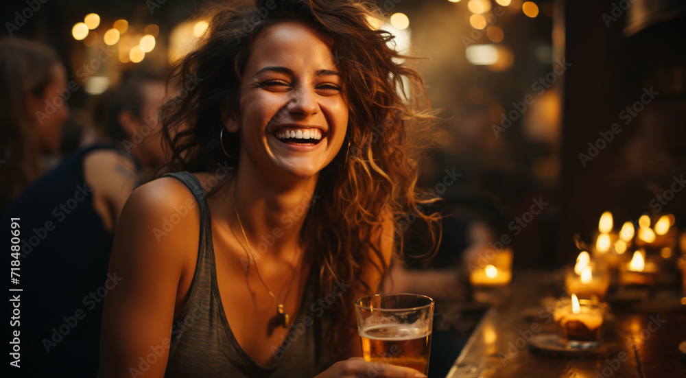 Young women enjoying a carefree night, laughing and drinking generative AI