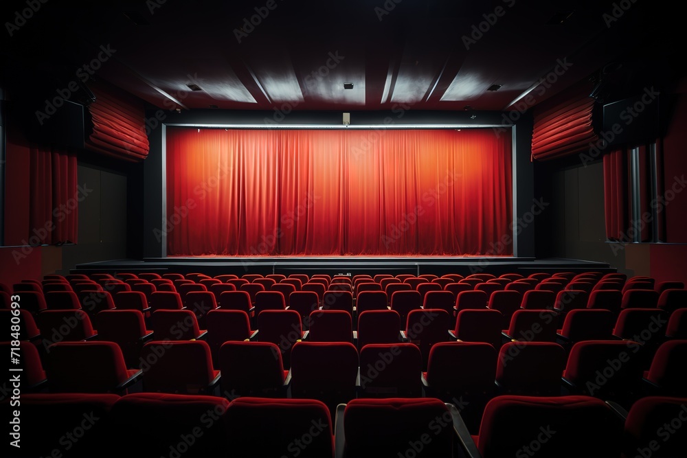 Front view on empty scene with red curtains, rows of seats and lights on top. 3D rendering Generative AI Front view on empty scene with red curtains, rows of seats and lights on top. 3D rendering Generative AI