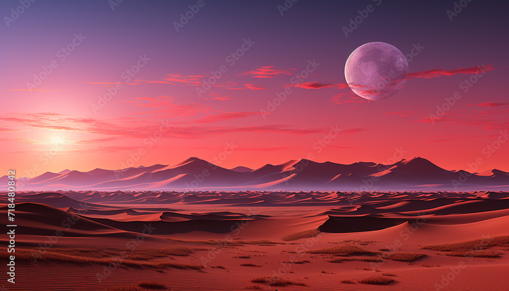 Nature beauty in a sandy landscape, sunset paints the night generated by AI