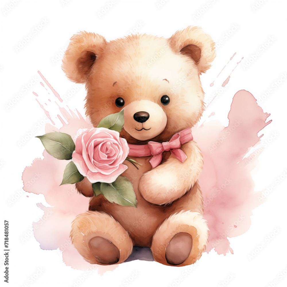 cute little teddy bear holding a pink rose for valentine's day postcard, valentine's day card, generative AI cute little teddy bear holding a pink rose for valentine's day postcard, valentine's day card, generative AI