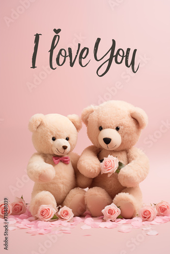 two cute little teddy bears with pink roses and the words I love you, for valentine's day postcard, valentine's day card, generative AI © Paulina