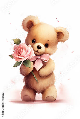 cute little teddy bear holding a pink rose for valentine's day postcard, valentine's day card, generative AI