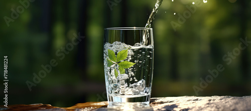 fresh clear mineral water in a glass with forest background 46