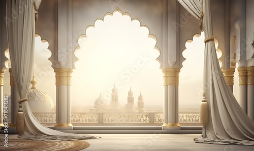 A magnificent and luxurious cream and gold colored mosque with sturdy pillars