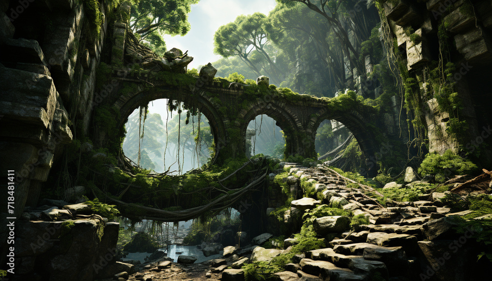 Ancient ruins blend with nature, creating a tranquil, mysterious landscape generated by AI Ancient ruins blend with nature, creating a tranquil, mysterious landscape generated by AI