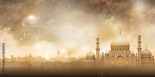 Illustration of a mosque and clouds in vintage style. generative AI