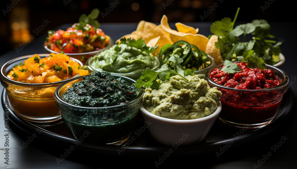 Fresh guacamole, a healthy vegetarian dip, served with tortilla chips generative AI