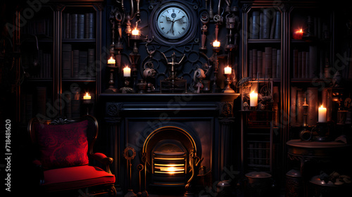 a large clock hanging on the wall in front of a fireplace