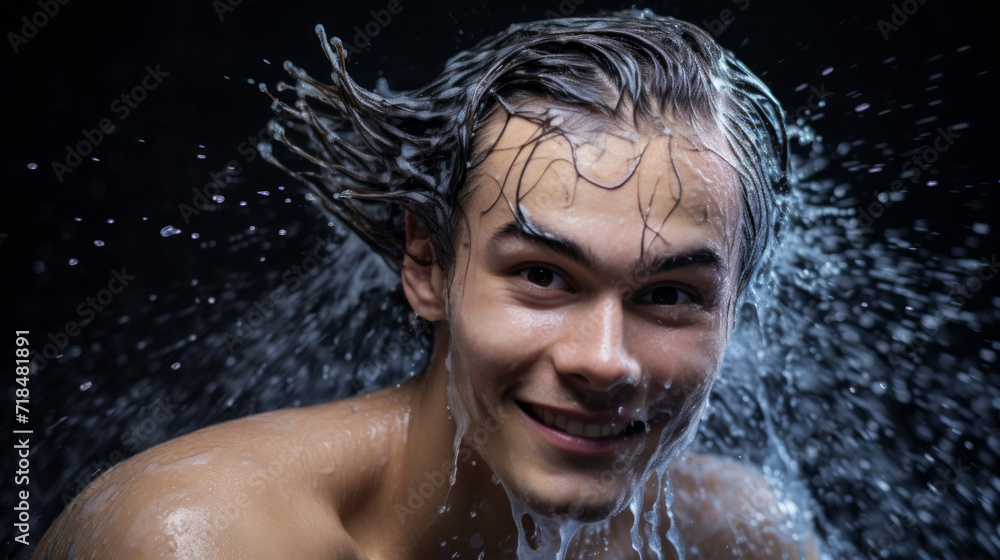 Dynamic close-up of a smiling young man with water droplets splashing around his playful hair flick.