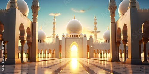 A magnificent and luxurious cream and gold colored mosque with sturdy pillars