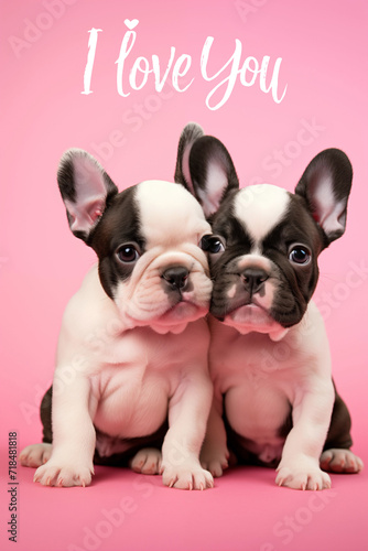 two cute lovers hug french bulldog puppies on pink background for valentine's day postcard with text I love you, generative AI