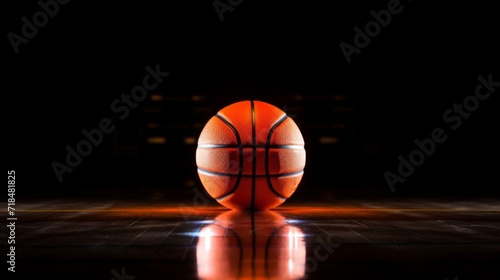 Basketball on center court under a spotlight, casting a warm glow on the polished floor.