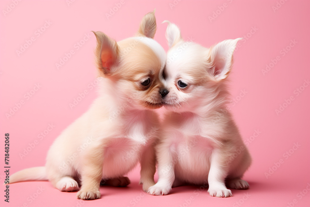 two cute lovers hug chihuahua puppies on pink background for valentine's day postcard, valentine's day card, generative AI two cute lovers hug chihuahua puppies on pink background for valentine's day postcard, valentine's day card, generative AI