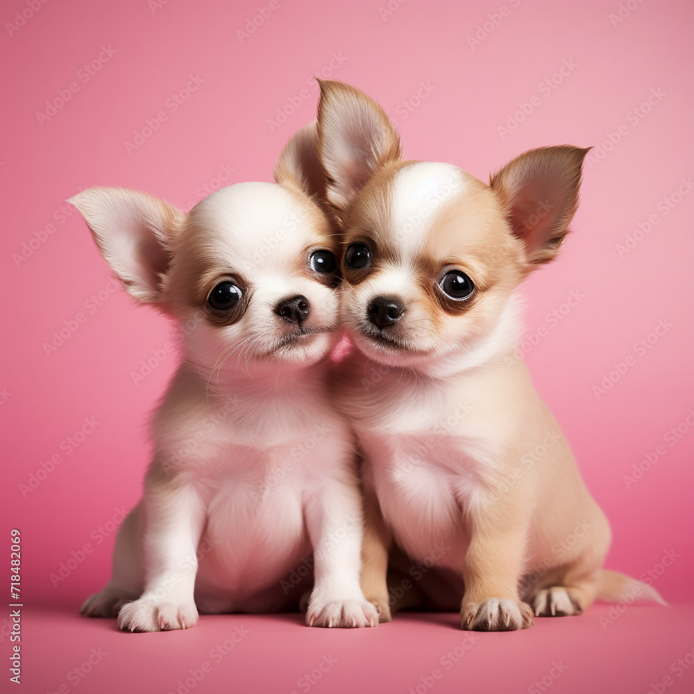 two cute lovers hug chihuahua puppies on pink background for valentine's day postcard,  valentine's day card, generative AI