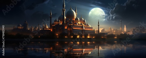 A view of a magnificent and large mosque at night. generative AI