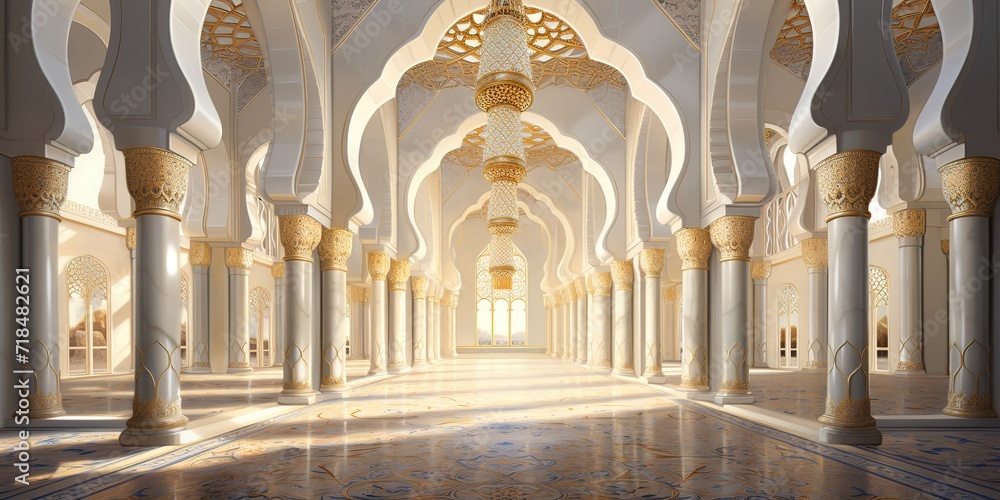 Fototapeta premium An illustration of the building inside the mosque with cream paint and golden yellow shades. generative AI