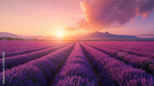 Vast lavender fields with orange and purple sky at sunset