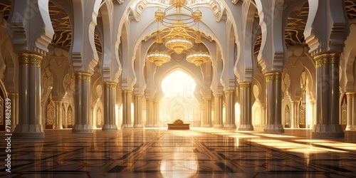 An illustration of the building inside the mosque with cream paint and golden yellow shades. generative AI