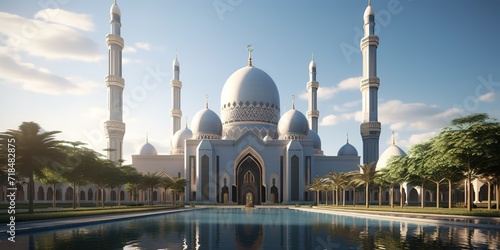 A magnificent and luxurious cream-colored mosque with a blue sky as a background can be used for a Muslim to worship. generative AI