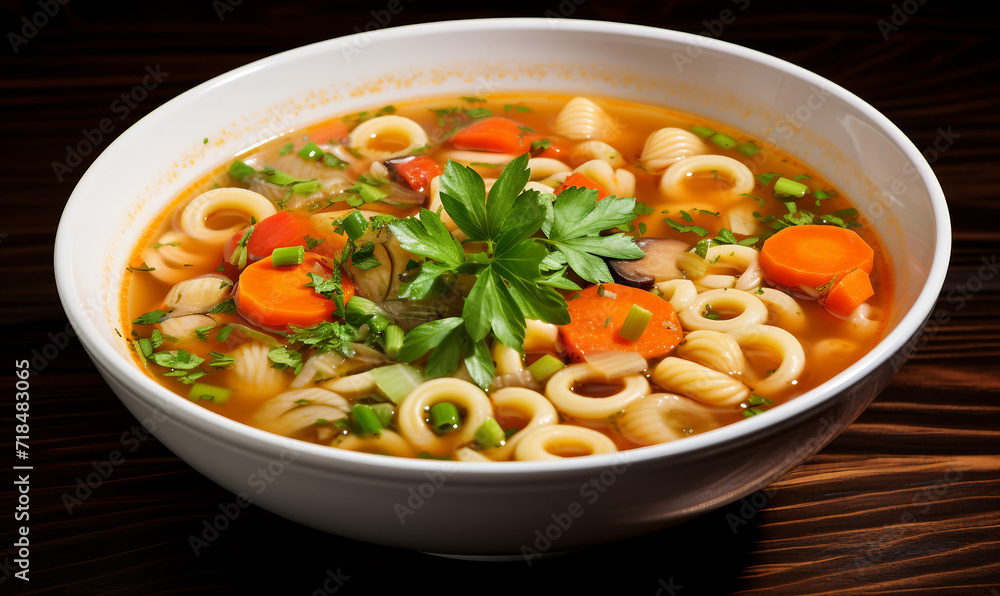 vegetarian soup with pasta and vegetables on a wooden table. vegetarian soup with pasta and vegetables on a wooden table.