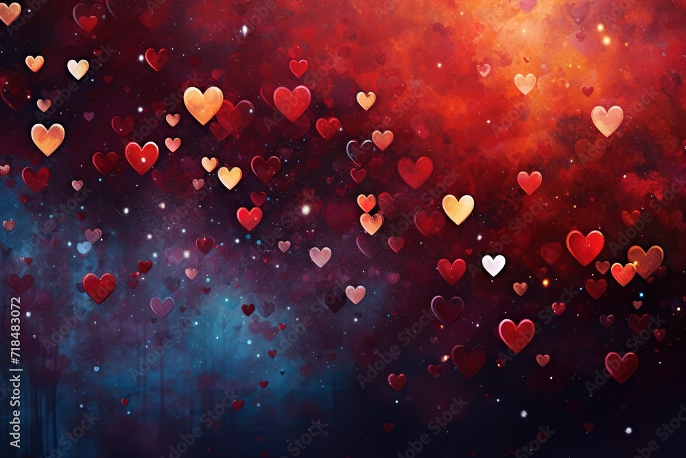 Red hearts on black background, gradient, bright, glow, glitter, Generative AI