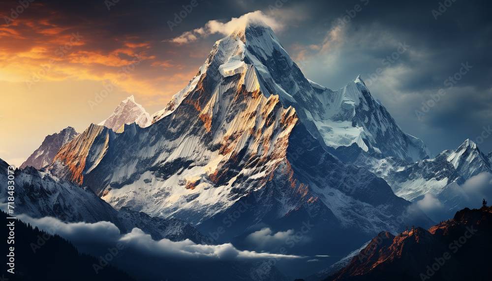 Majestic mountain peak, snow capped and tranquil, a breathtaking autumn landscape generated by AI