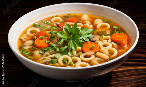 vegetarian soup with pasta and vegetables on a wooden table.