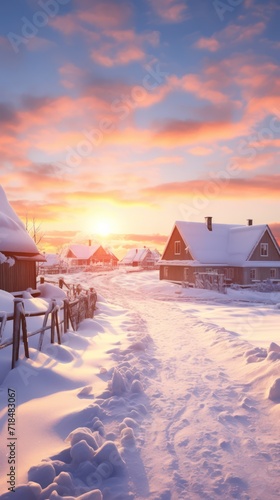 A Sunrise on a winter morning, rural northern village with snow, warm morning lights.