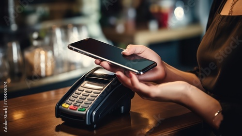 A Close up of female customer holding smartphone paying for order using modern simple e-wallet technology. The waiter provides a card reader for the customer to conduct a cashless payment transaction.