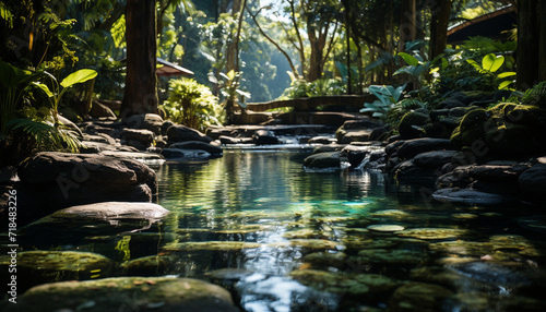 Green forest, flowing water, tranquil scene, tropical rainforest, beauty in nature generated by AI