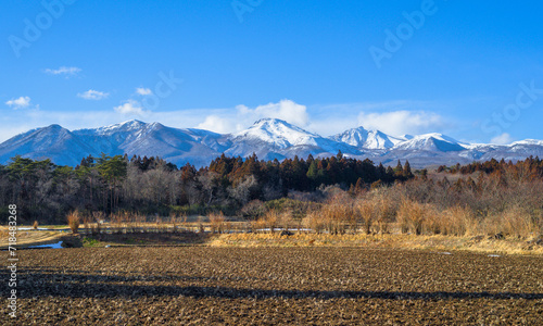 初春の那須高原。残雪残る晴れた日の那須連峰。中央の茶臼岳が最高峰だということを表現している。