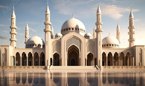 A magnificent and luxurious cream-colored mosque with a blue sky as a background can be used for a Muslim to worship. generative AI