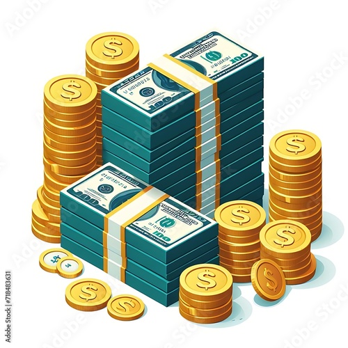 Big stacked dollar pile of cash and gold coins in a trendy isometric style illustration isolated 
