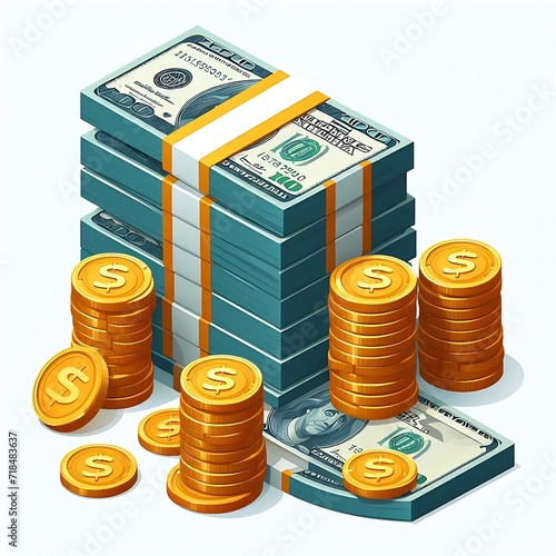 Big stacked dollar pile of cash and gold coins in a trendy isometric style illustration isolated 