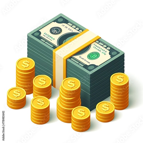 Big stacked dollar pile of cash and gold coins in a trendy isometric style illustration isolated 