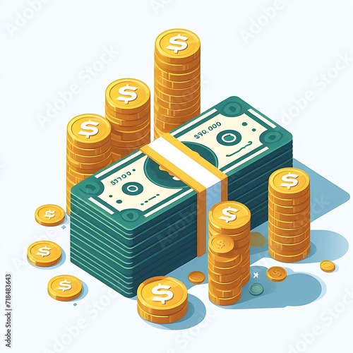 Big stacked dollar pile of cash and gold coins in a trendy isometric style illustration isolated 