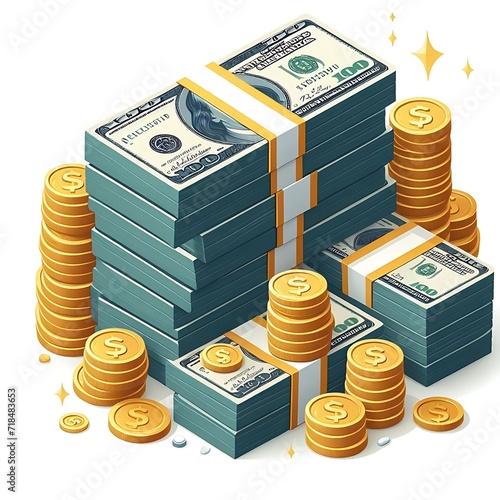 Big stacked dollar pile of cash and gold coins in a trendy isometric style illustration isolated 