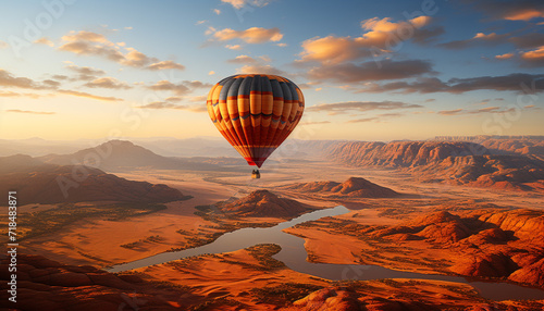 Hot air balloon adventure outdoors, flying over mountain landscape generated by AI