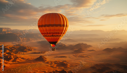 Hot air balloon flying over mountain landscape, a breathtaking adventure generated by AI