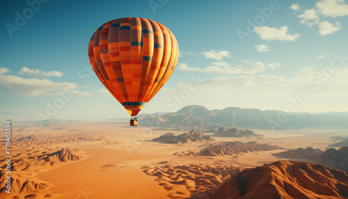 Hot air balloon flying over mountain range, a breathtaking adventure generated by AI