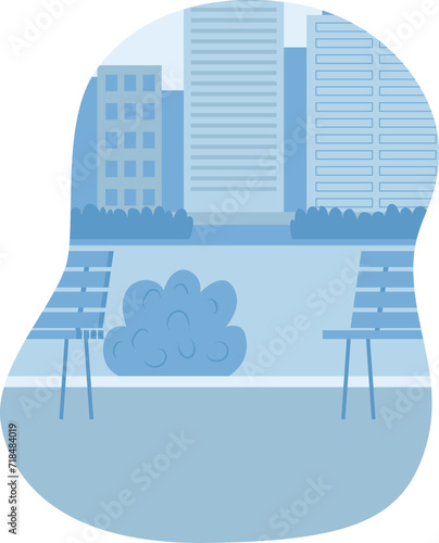 Urban park scene with empty benches, modern buildings, bushes, and a shrub. Simplified city park landscape vector illustration.