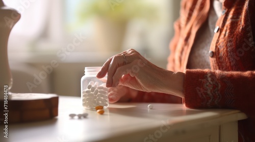 A Close up of Old woman closes pill bottle to take medicine, treat memory loss, high blood pressure or cholesterol level as painkiller, concept of treatment for diseases in old age photo