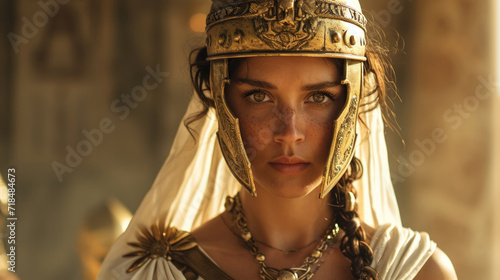 Female Greek warrior dressed in light armor and golden helmet.