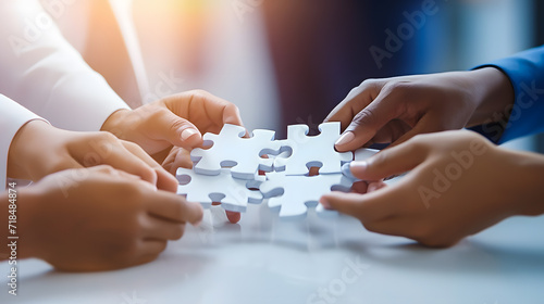 Close-up hand of hand connected jigsaw puzzle connected to each other business solution Success Concepts and Strategies. Close up members of multiracial team assembling white puzzle. Generative Ai.