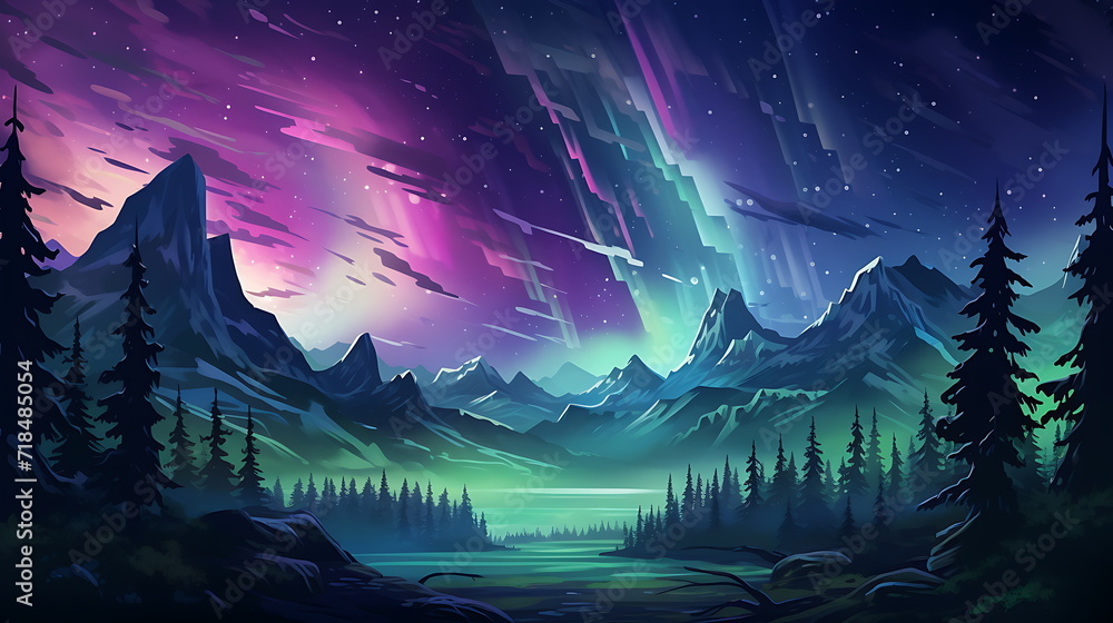 the beautiful aurora is shown over the mountains at night, generative AI