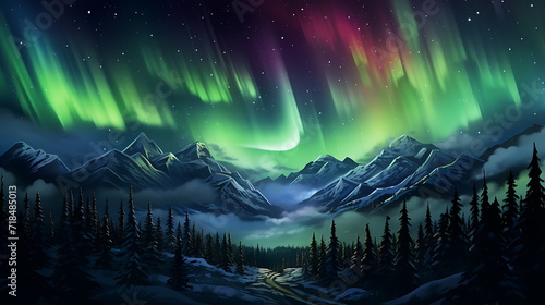 the beautiful aurora is shown over the mountains at night, generative AI © imam