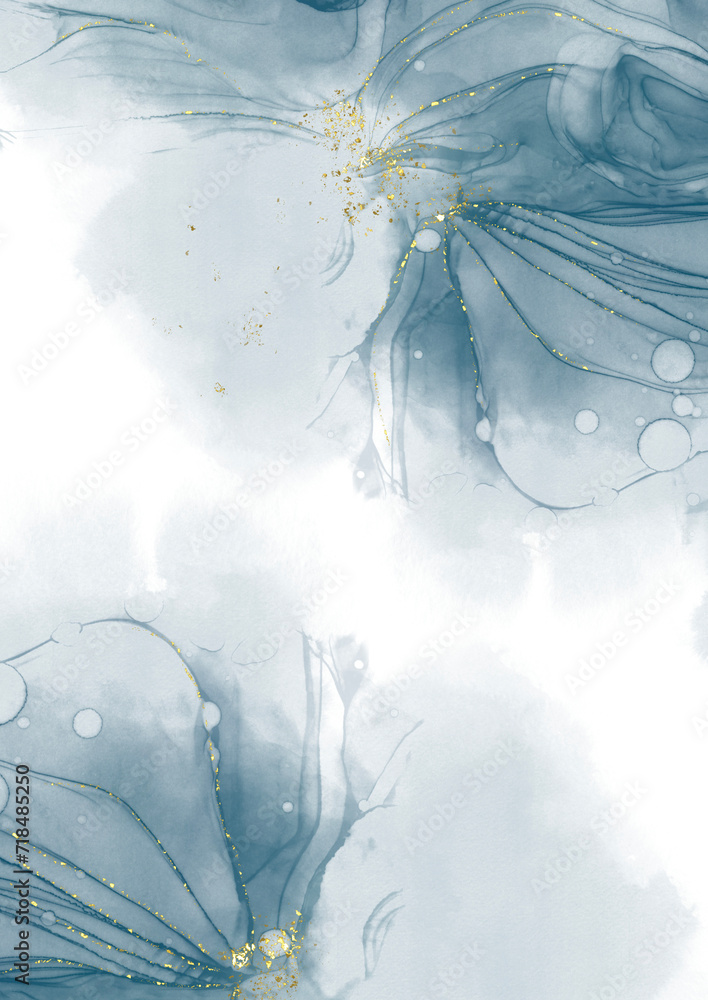 Obraz premium Abstract dusty blush liquid watercolor background with golden crackers. Teal turquoise marbled alcohol ink drawing effect with abstract navy blue ink waves and golden splashes elegant card design.
